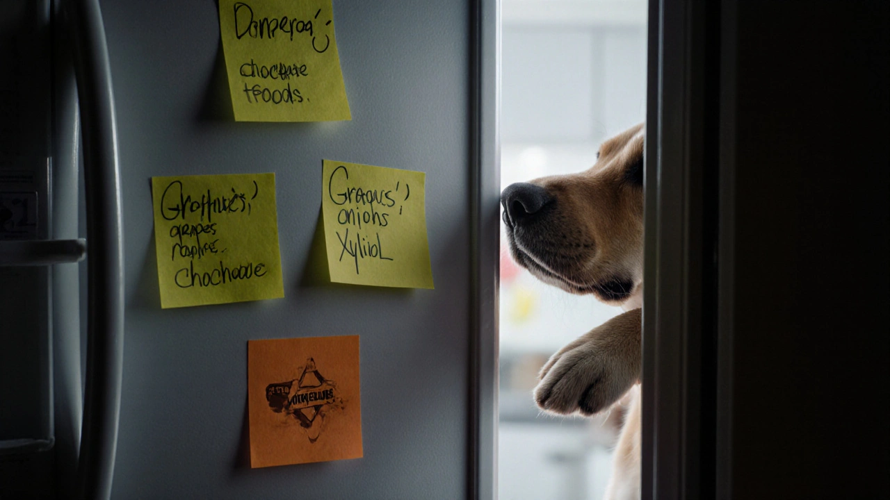 Холодильник с предупреждающими записками, собака тянется к спрятанному шоколаду внутри.
