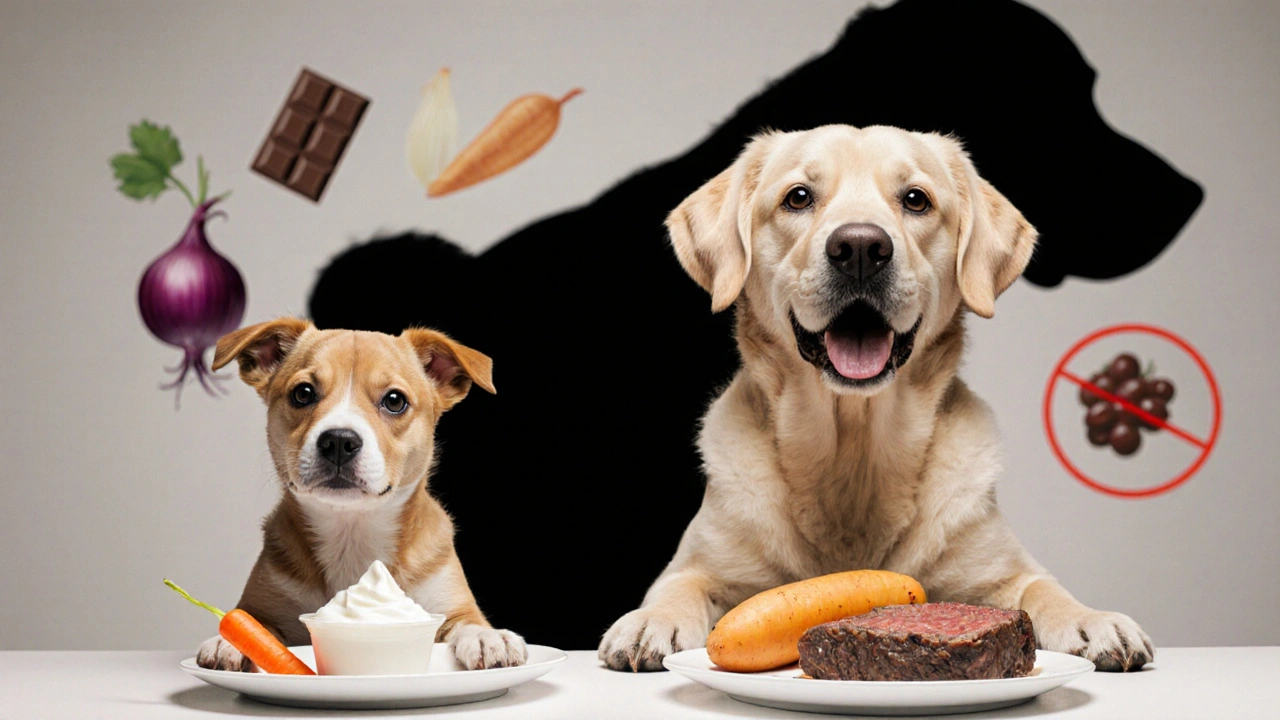 Маленькая и большая собаки едят разные порции здоровой еды, за ними — тени запрещённых продуктов.