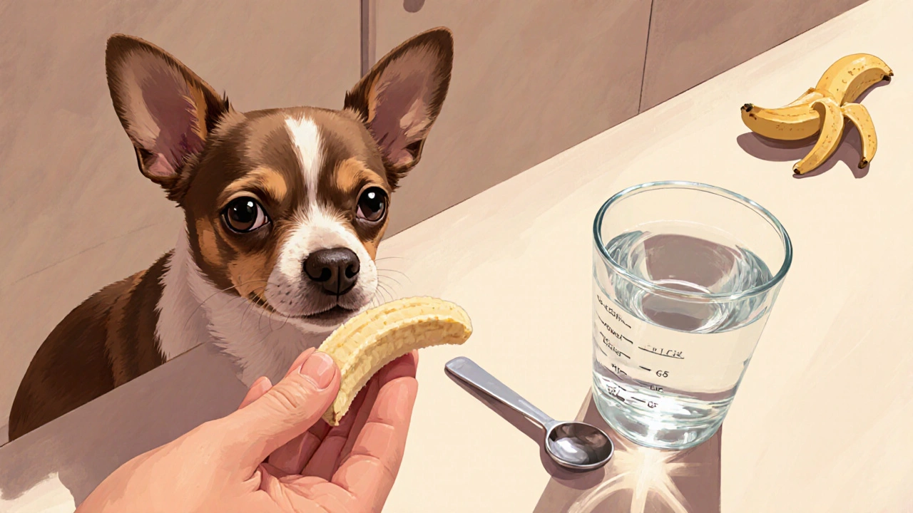 Маленькая собака с любопытством смотрит на хозяина, который предлагает ей маленький кусочек банана.