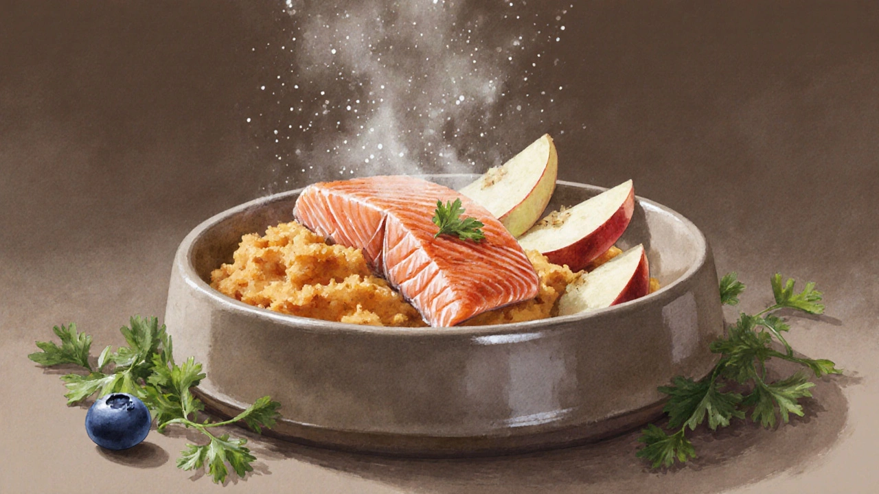 Миска с лососем, тыквой и яблоками, с мягким светом, исходящим от еды.
