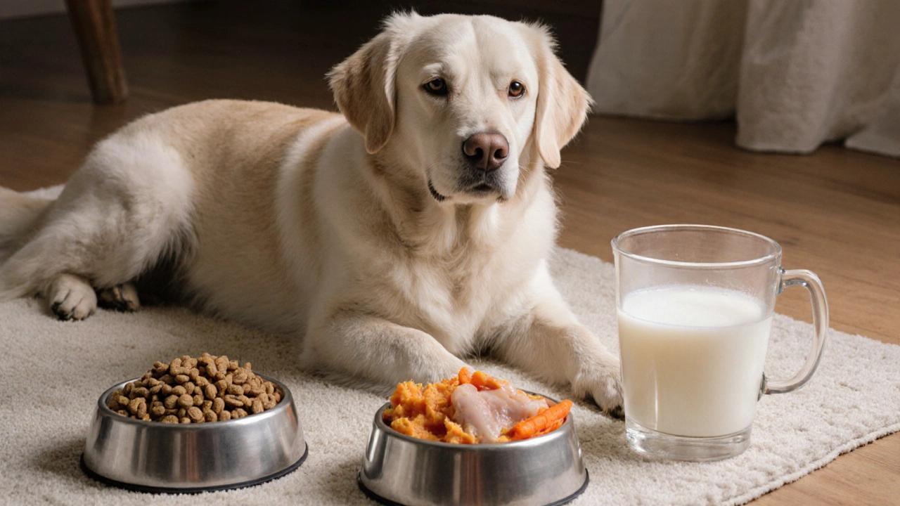 Пожилая собака отдыхает, вокруг неё миски с кормом, овощами и кефиром.