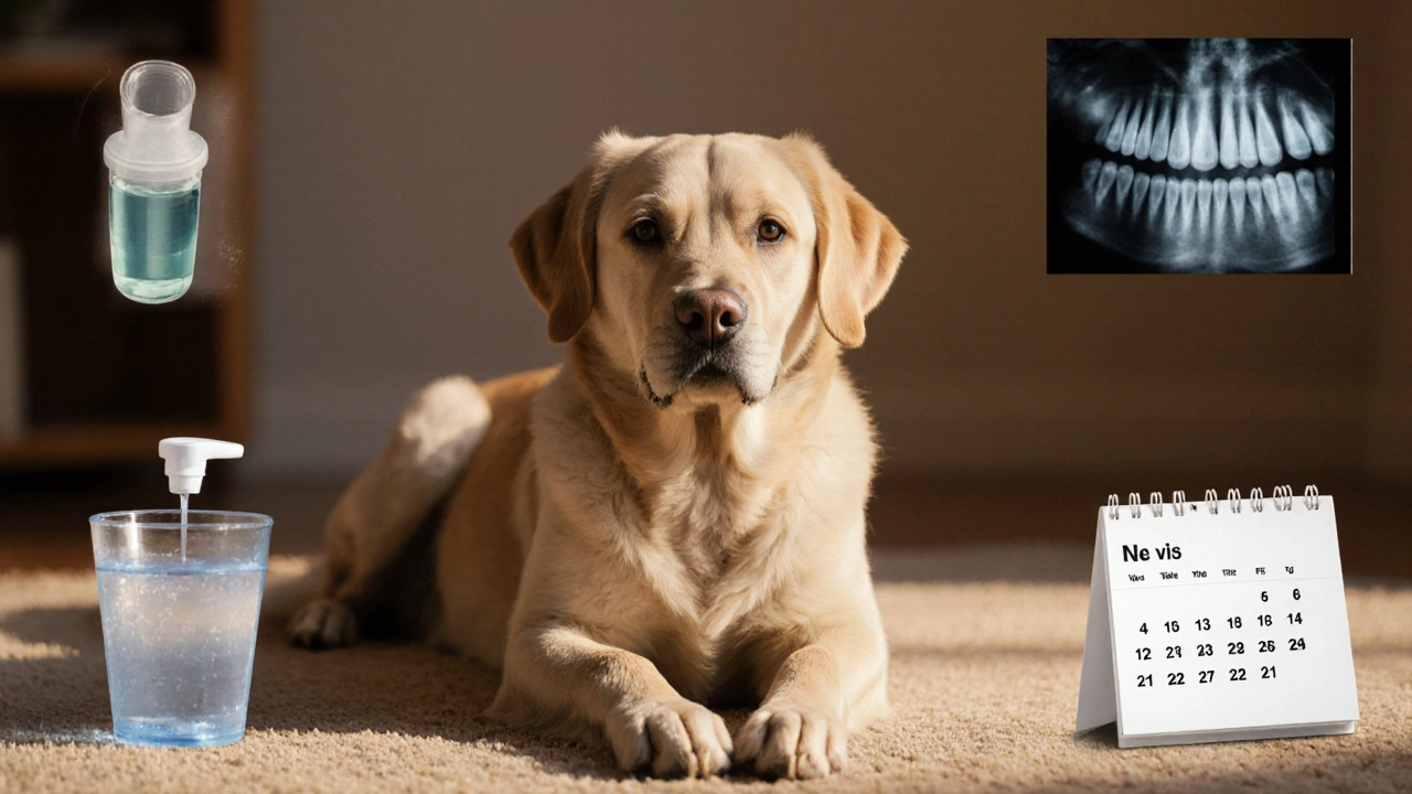 Пожилая собака спокойно отдыхает, вокруг — символы здорового ухода: вода, визит к ветеринару, осмотр зубов.
