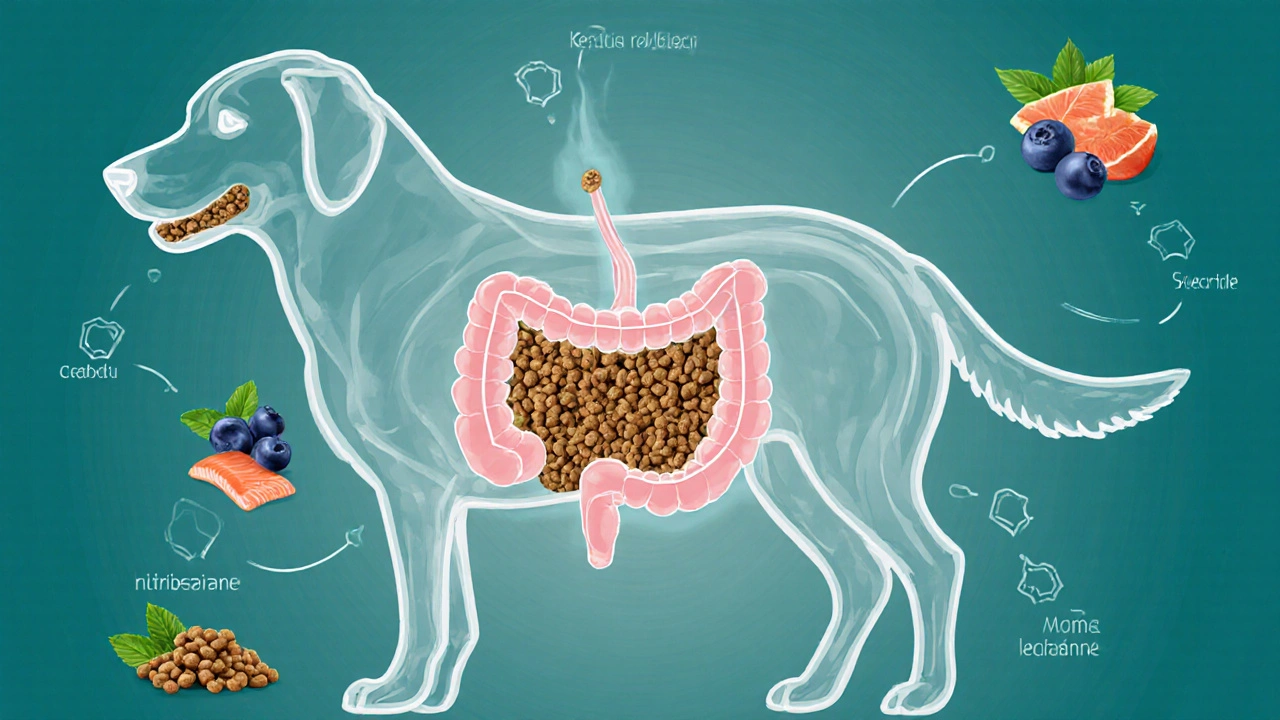 Прозрачное изображение зубов и пищеварительной системы собаки с кормом, улучшающим здоровье.