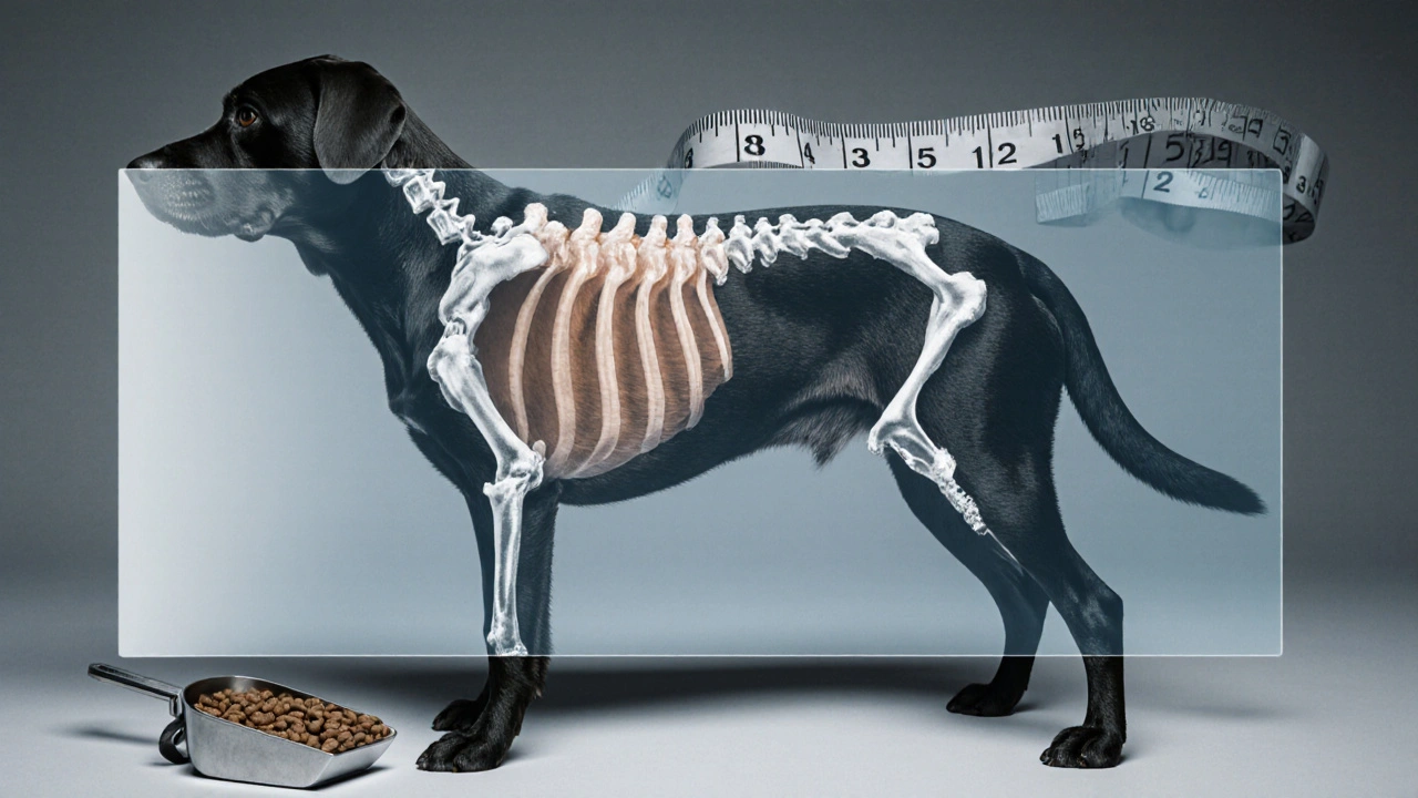 Прозрачное сравнение идеального, избыточного и недостаточного веса собаки по контуру ребер.