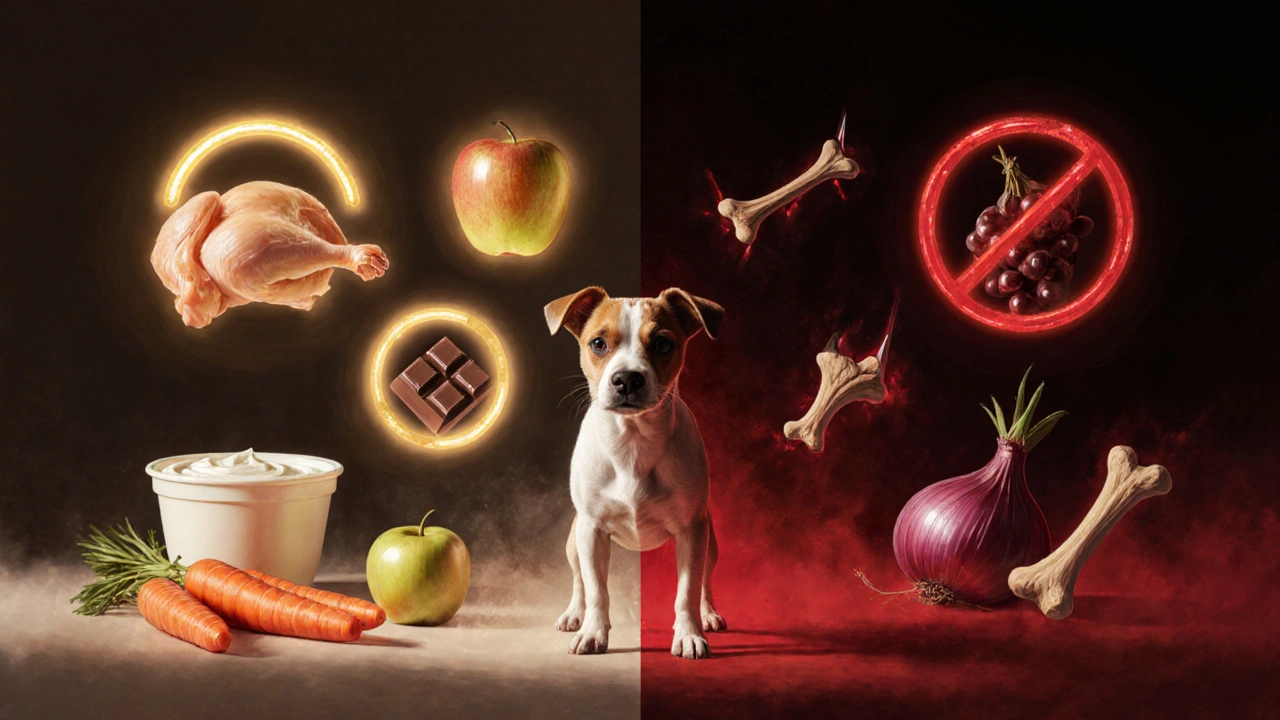 Разделённая сцена: безопасная еда светится, опасная — в тумане, собака посередине.