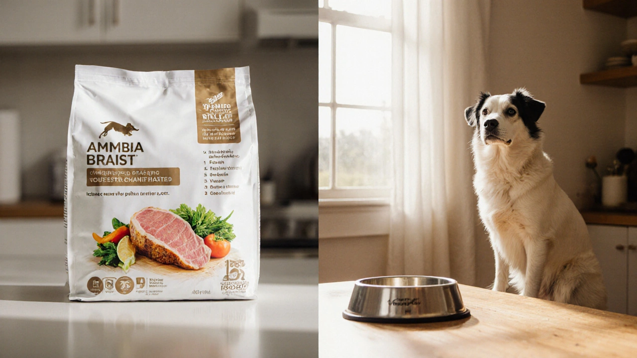 Разделённая сцена: дешёвый корм слева, качественный — справа, собака выбирает здоровое питание.