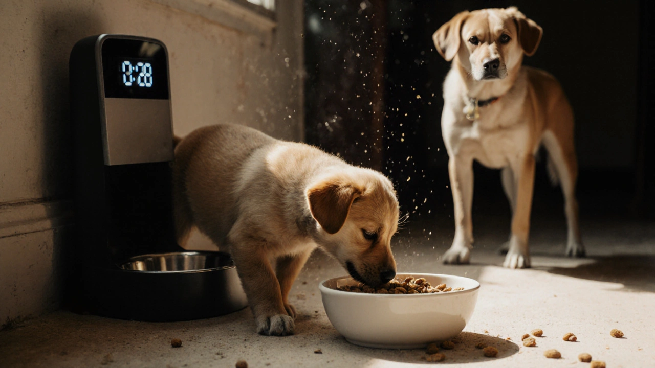 Щенок ест из миски, старая собака смотрит, на стене — автоматическая кормушка с таймером.