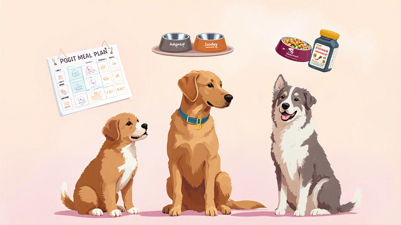 Щенок, взрослая собака и пожилая собака с визуальными планами питания, соответствующими их возрасту.