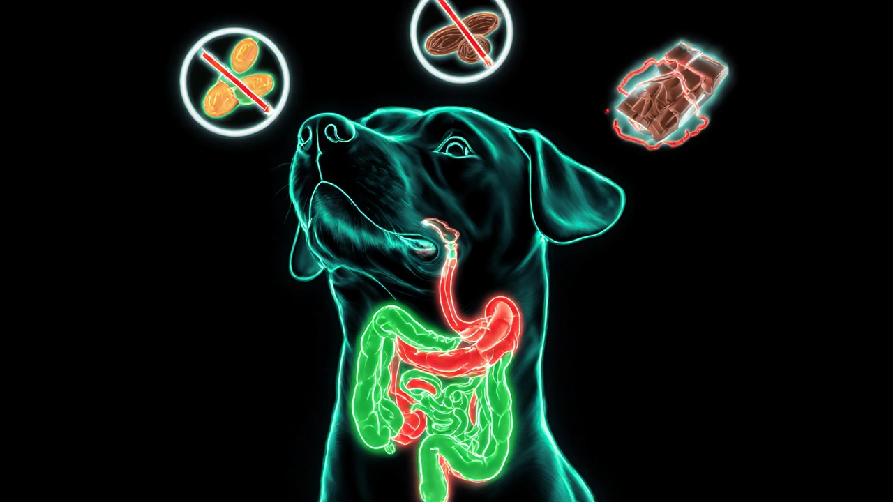 Схема пищеварения собаки с зонами здоровья и опасности творога.