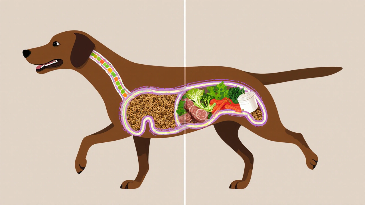 Схема пищеварения собаки: сухой корм против сбалансированной диеты с овощами и йогуртом.