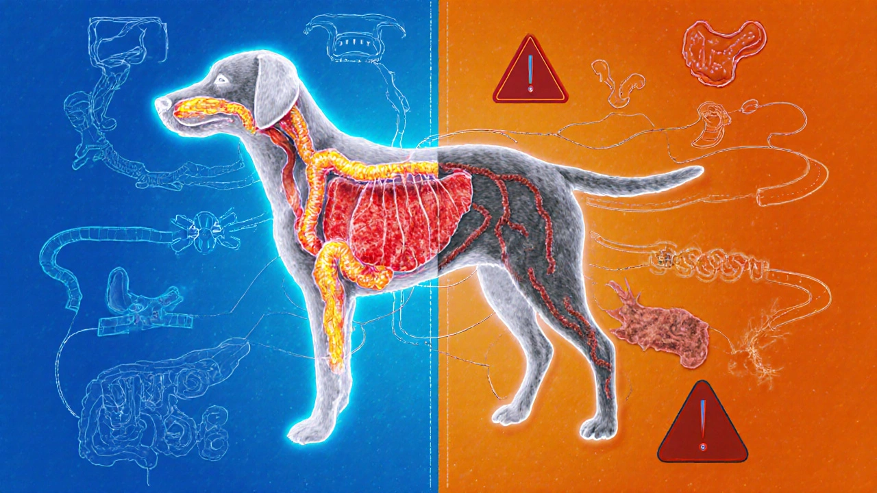 Схема пищеварения собаки: сырое мясо с питательными веществами и вареное без них.