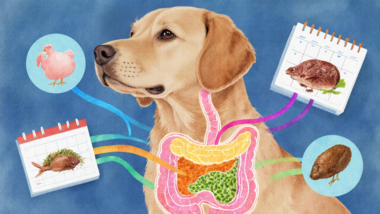 Схема пищеварительной системы собаки с потоками питательных веществ от разных продуктов.