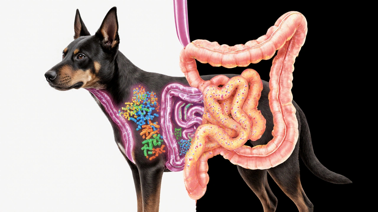 Схема здорового и нарушенного кишечника собаки при разном питании.