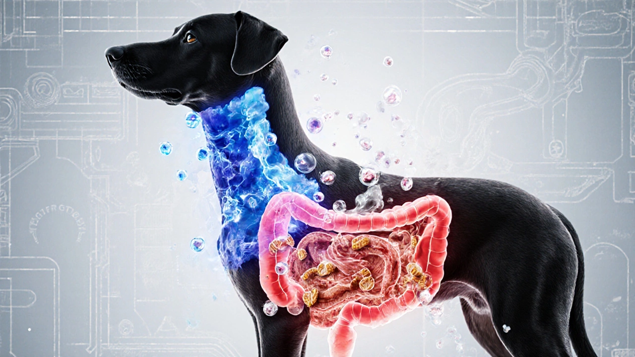 Схема желудка собаки, где смешиваются ферменты для сухого корма и натуральной пищи.