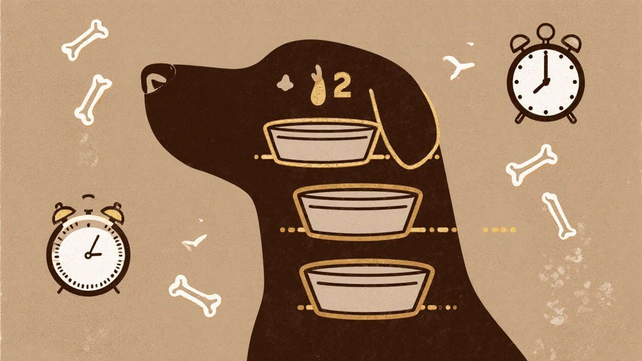 Силуэт собаки с тремя этапами жизни: щенок, взрослая, пожилая — с разными порциями еды.