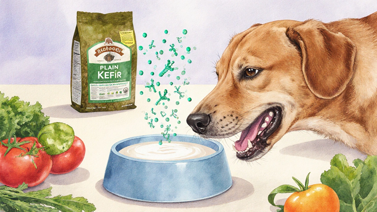 Собака ест простой кефир из миски с полезными бактериями.