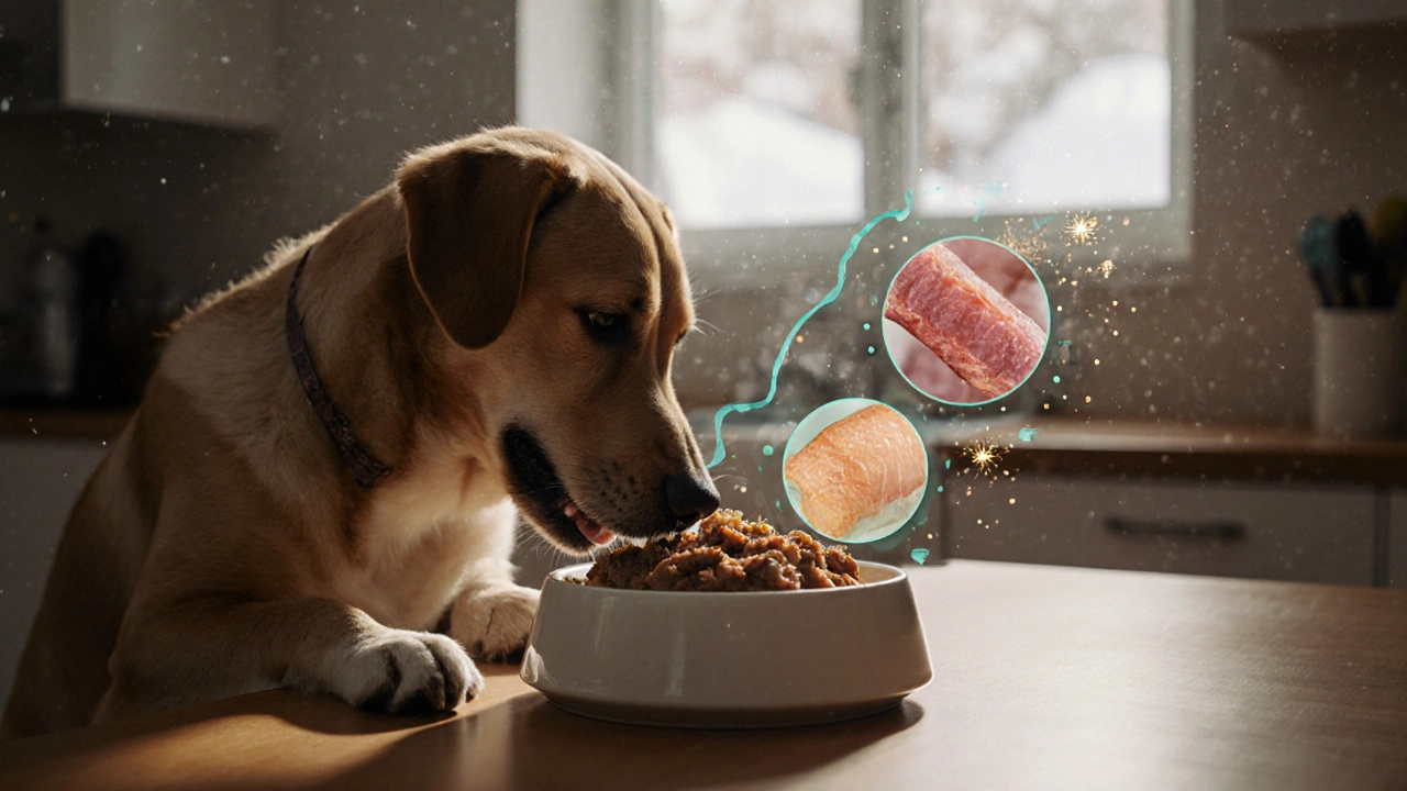 Собака ест тёплую еду из миски, вокруг неё витают символы полезных питательных веществ.