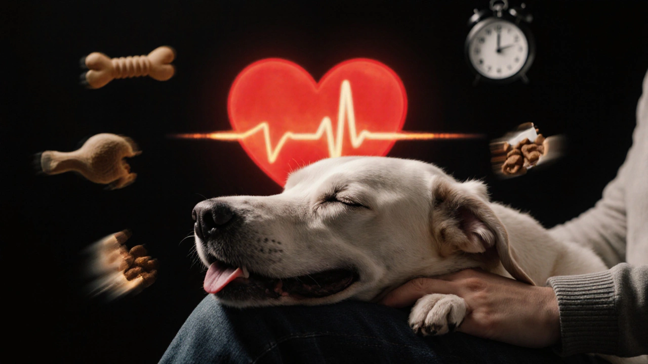 Собака на коленях у человека, язык синий, за ней — слабо пульсирующее сердце.