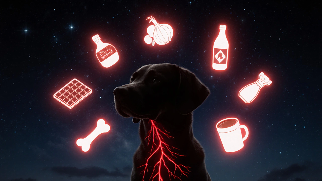 Собака окружена 12 красными символами запрещенных продуктов, светящимися вокруг нее.