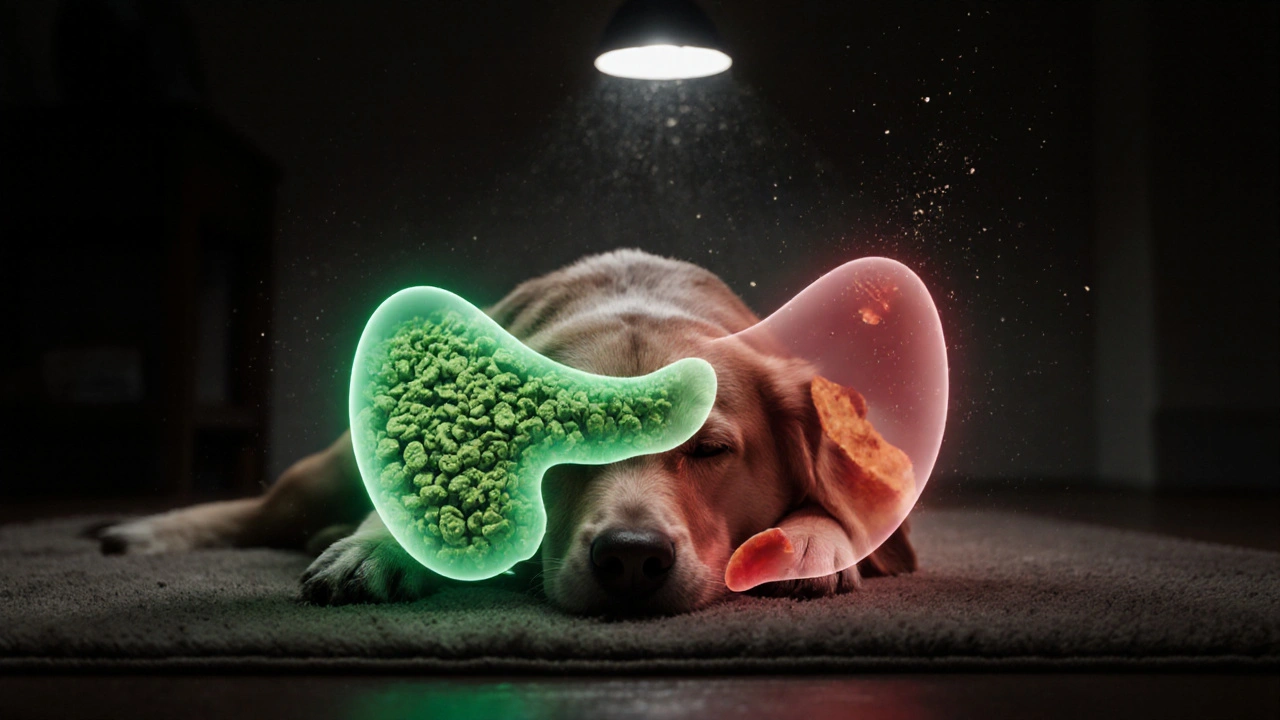 Собака отдыхает, а над ней — прозрачный образ воспалённой поджелудочной железы.