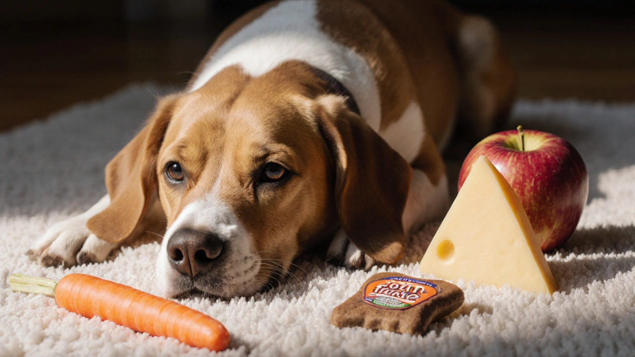Собака отдыхает рядом с полезными альтернативами сыру: морковью, яблоком и специальным лакомством.
