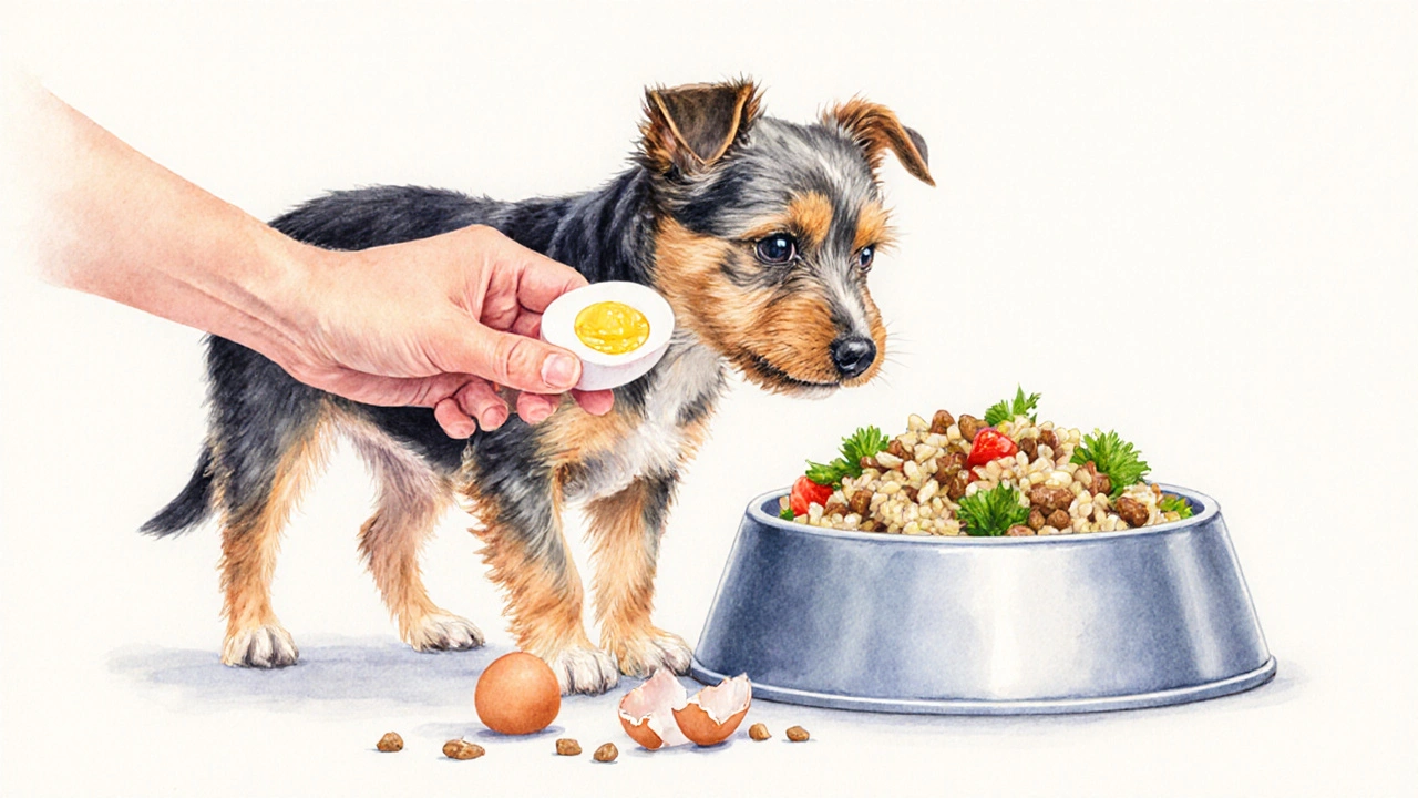 Собака получает половину вареного яйца от руки хозяина.