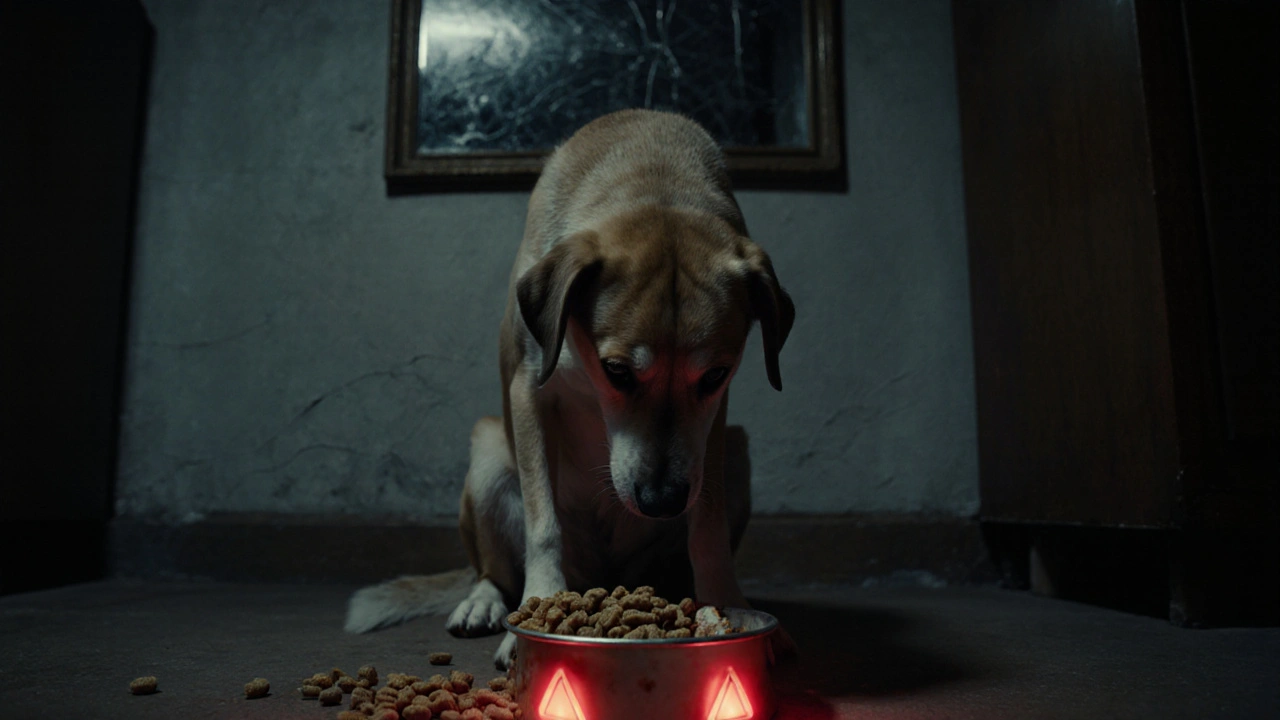 Собака с опущенной головой у полупустой миски с смешанной едой, в тусклом свете.