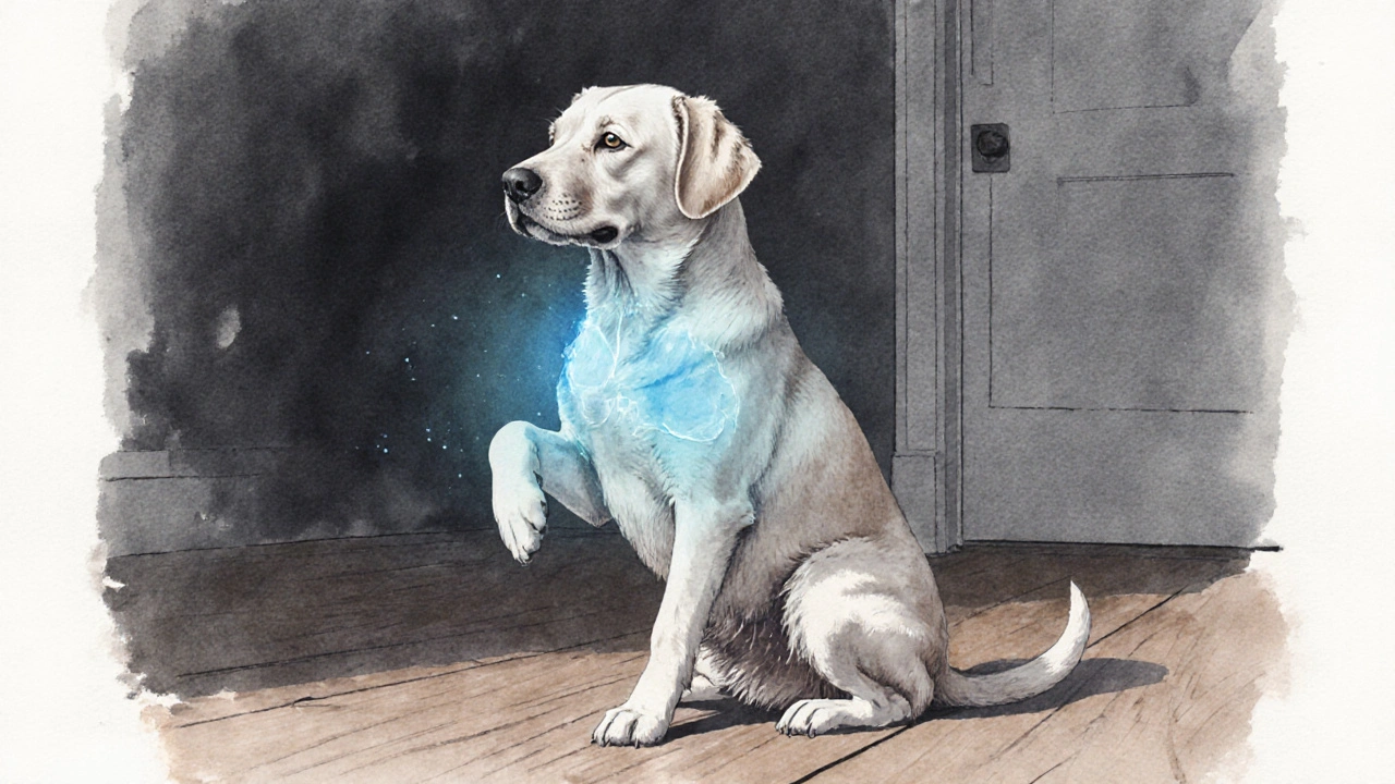 Собака сидит, тяжело дышит, вокруг легких — голубоватый туман жидкости.