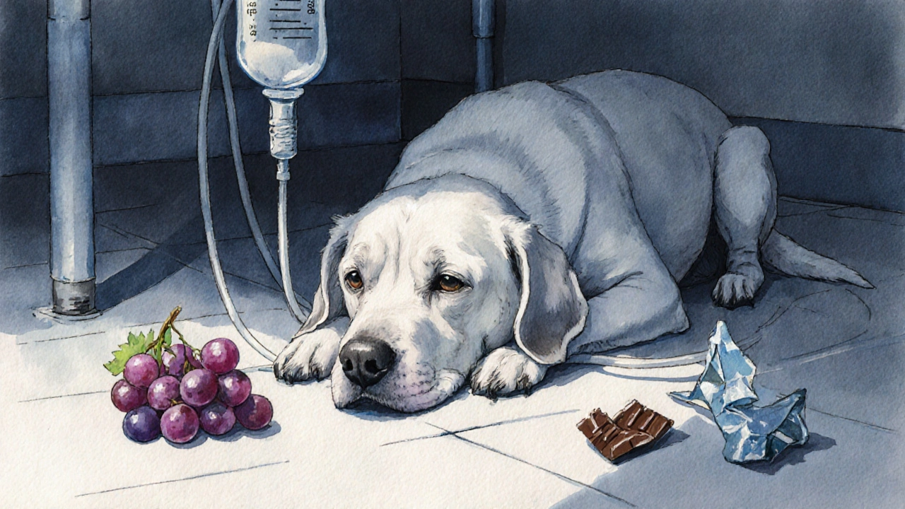 Собака слабо лежит в ветеринарной клинике рядом с виноградом и оберткой от шоколада.