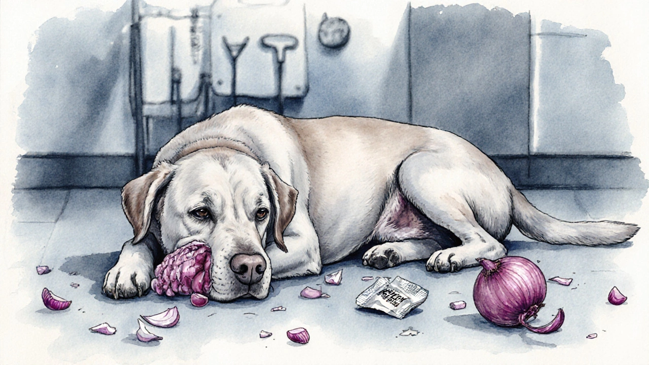 Собака слабо лежит в ветклинике рядом с токсичными продуктами.