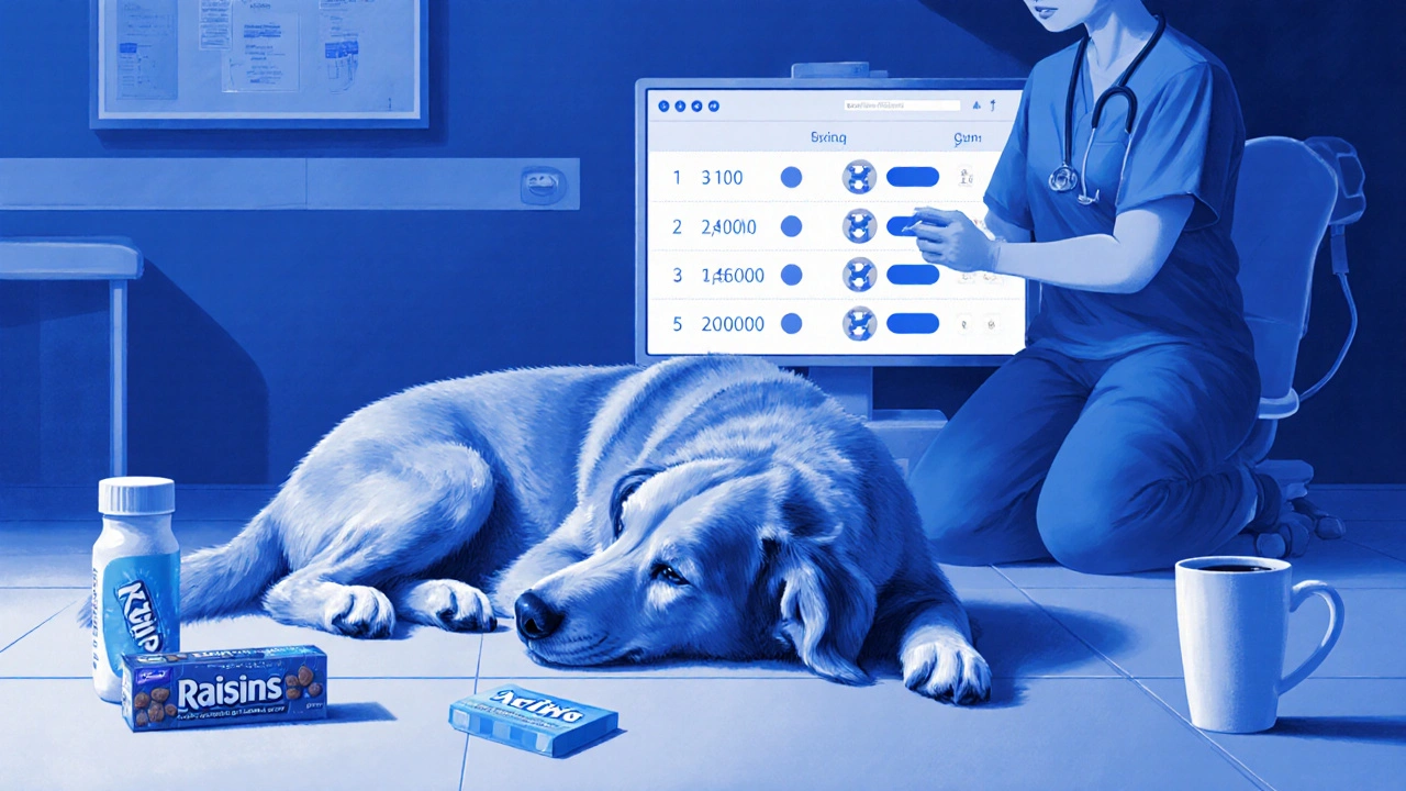 Собака слабо лежит в ветклинике рядом с упаковками изюма и жевательной резинки, ветеринар смотрит на монитор.