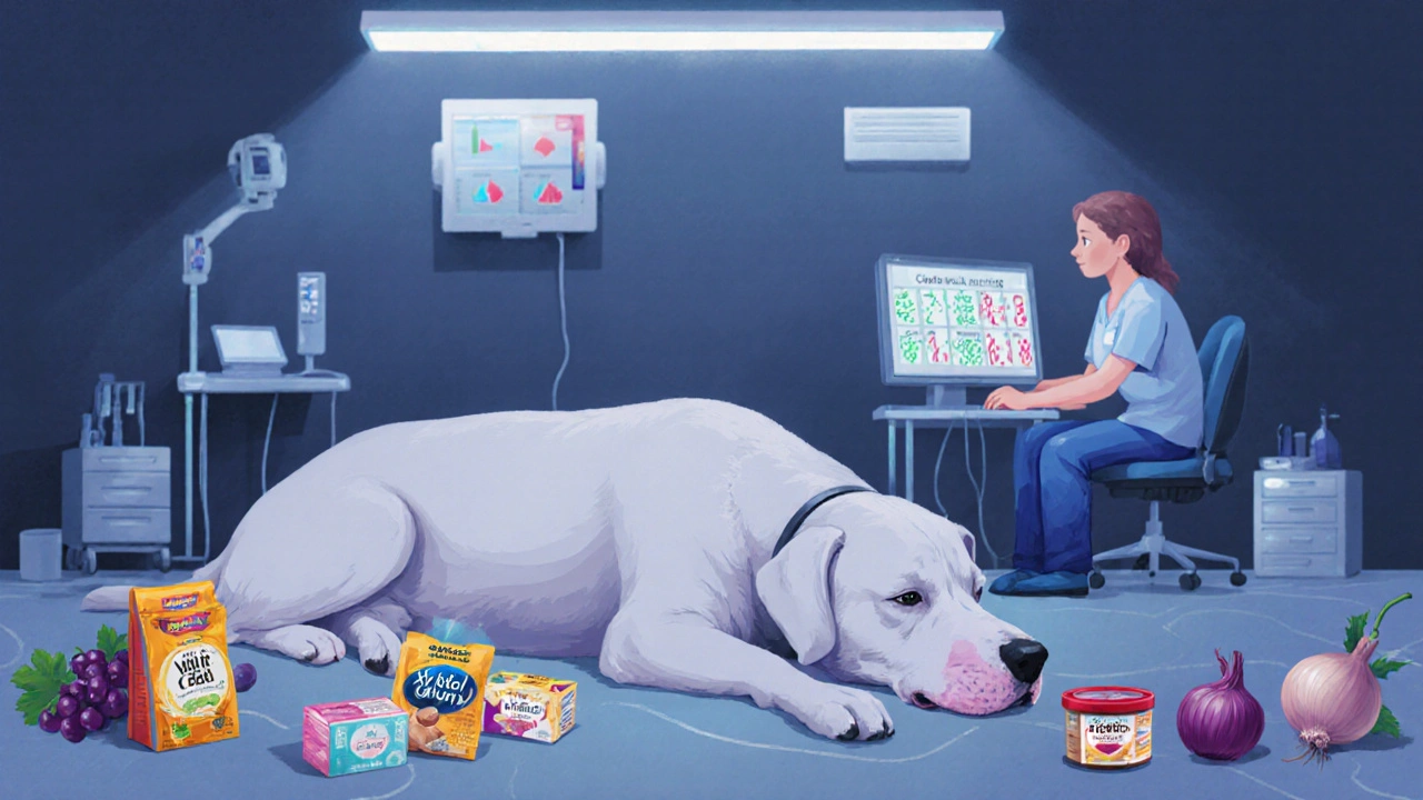 Собака слабо лежит в ветклинике рядом с упаковками опасных продуктов.