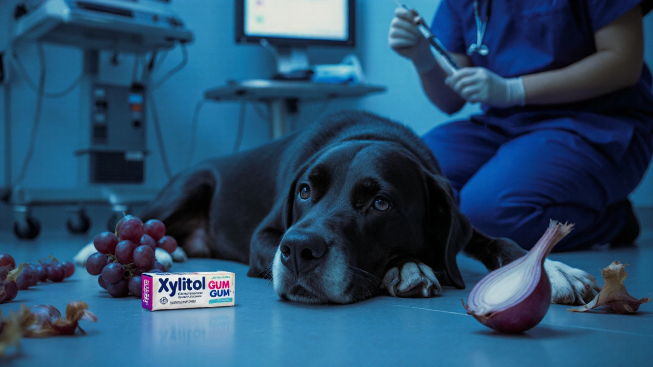 Собака слабо лежит в ветклинике, вокруг — упаковки опасных продуктов, ветеринар готовит укол.