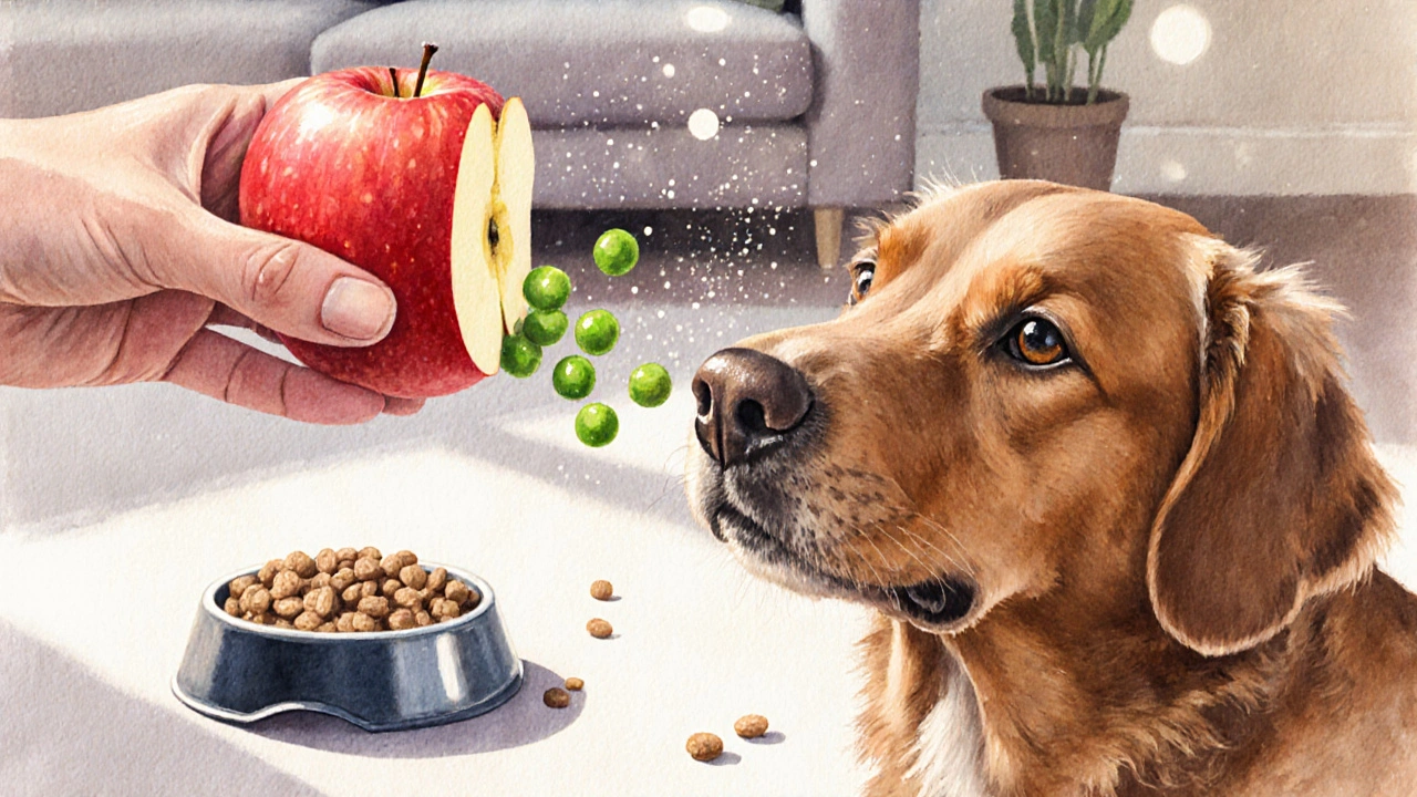 Собака смотрит на яблоко и горошек, игнорируя сухой корм.