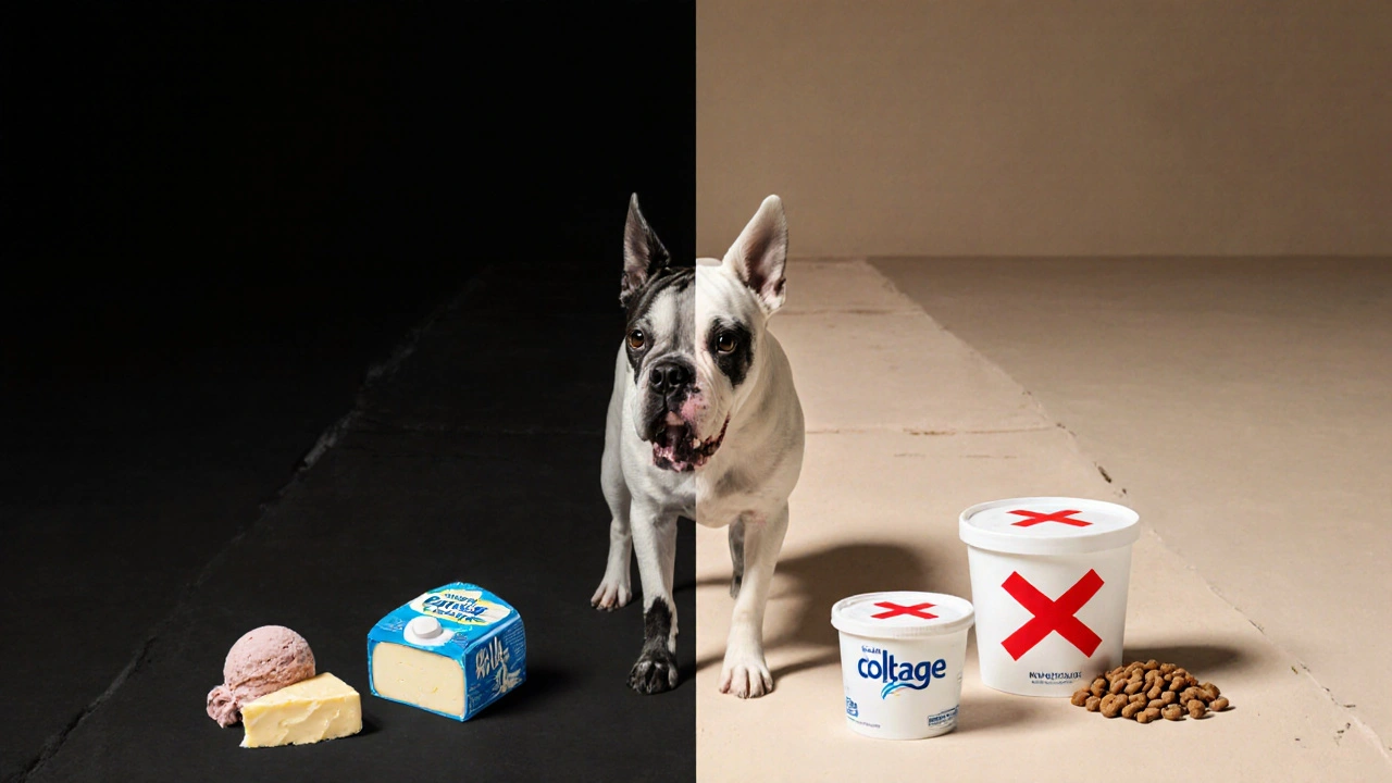 Собака стоит между опасными и безопасными молочными продуктами.