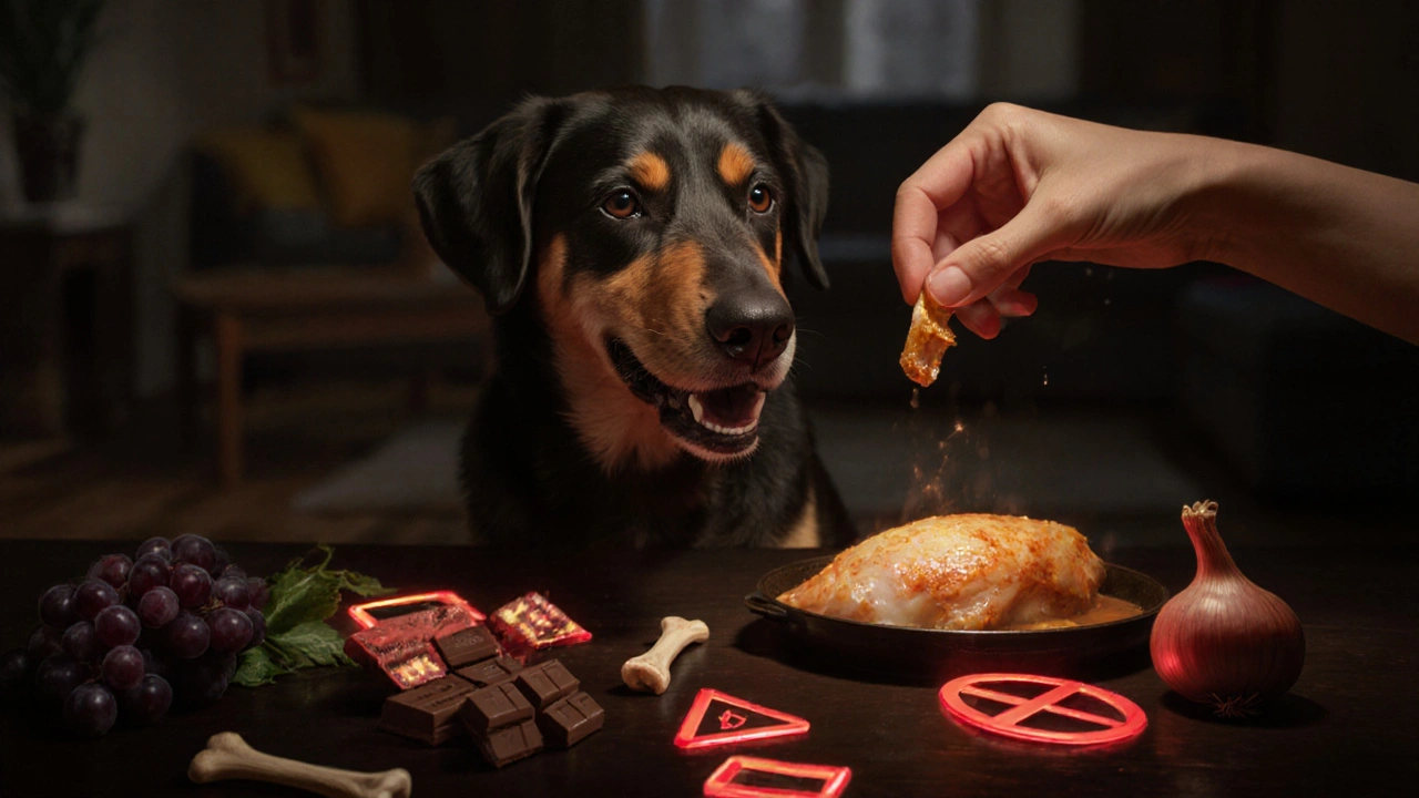 Собака видит запрещенные продукты в красном свете, а вареную курицу — в золотом, символизируя выбор между безопасностью и опасностью.