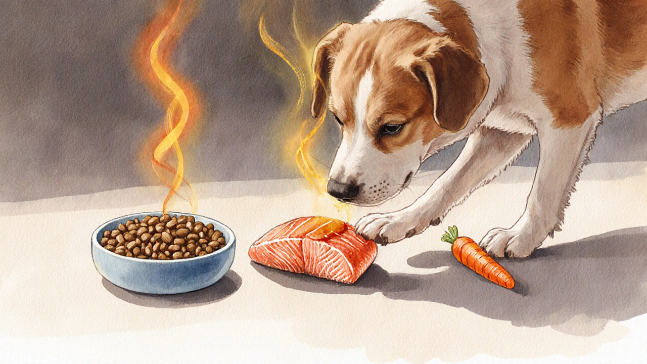 Собака выбирает между сухим кормом, рыбой и морковкой, инстинктивно предпочитая мясо.