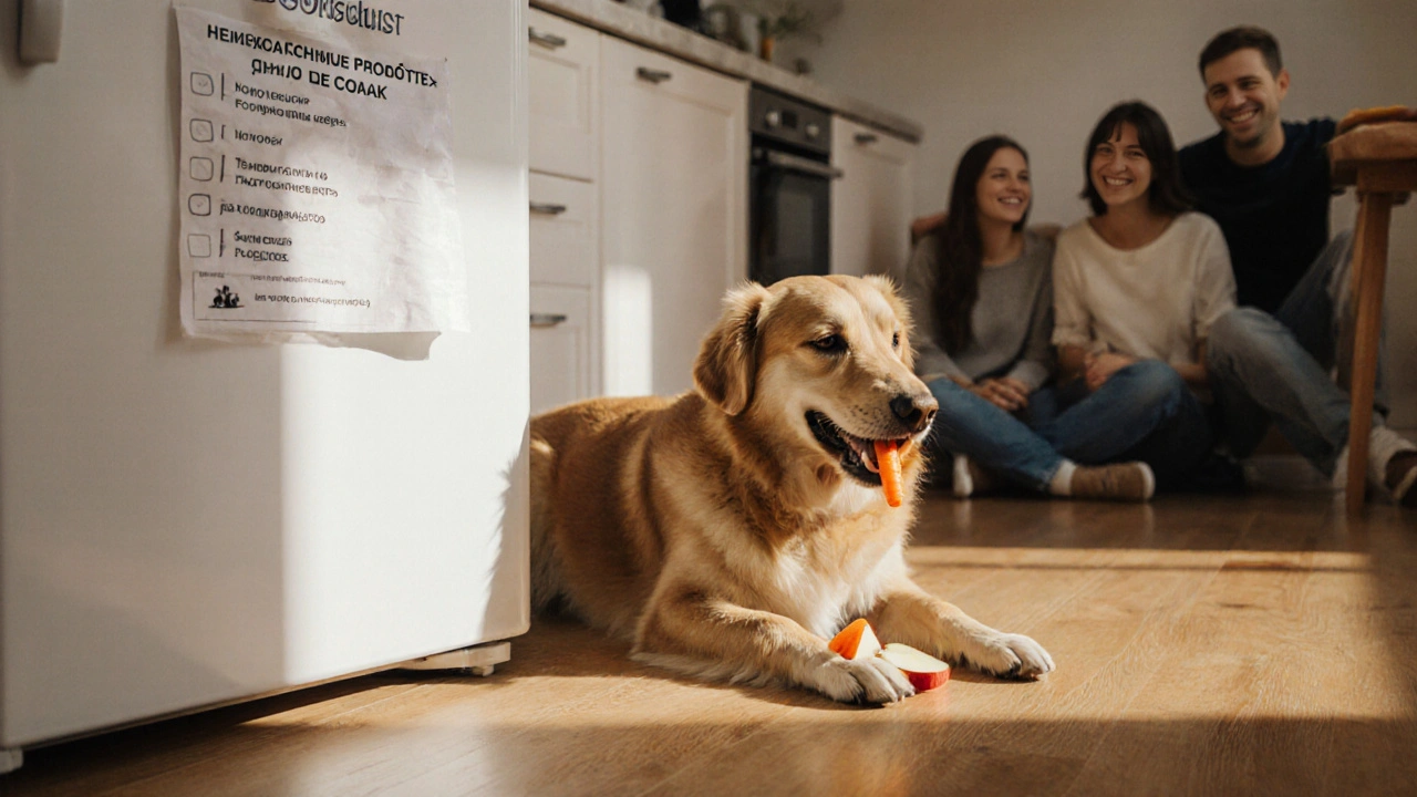 Собака жует морковь и яблоко, рядом на холодильнике список безопасных продуктов.