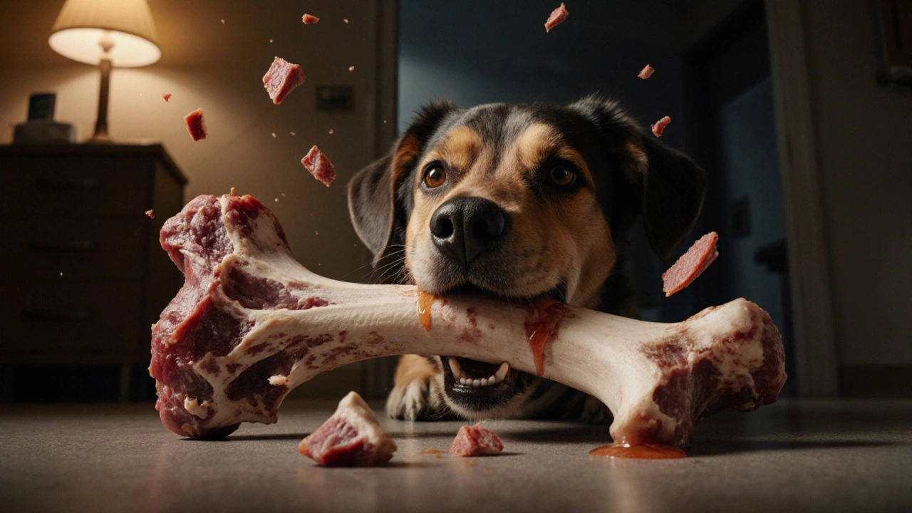 Собака жует сырую кость, рядом разбитая вареная кость с осколками.
