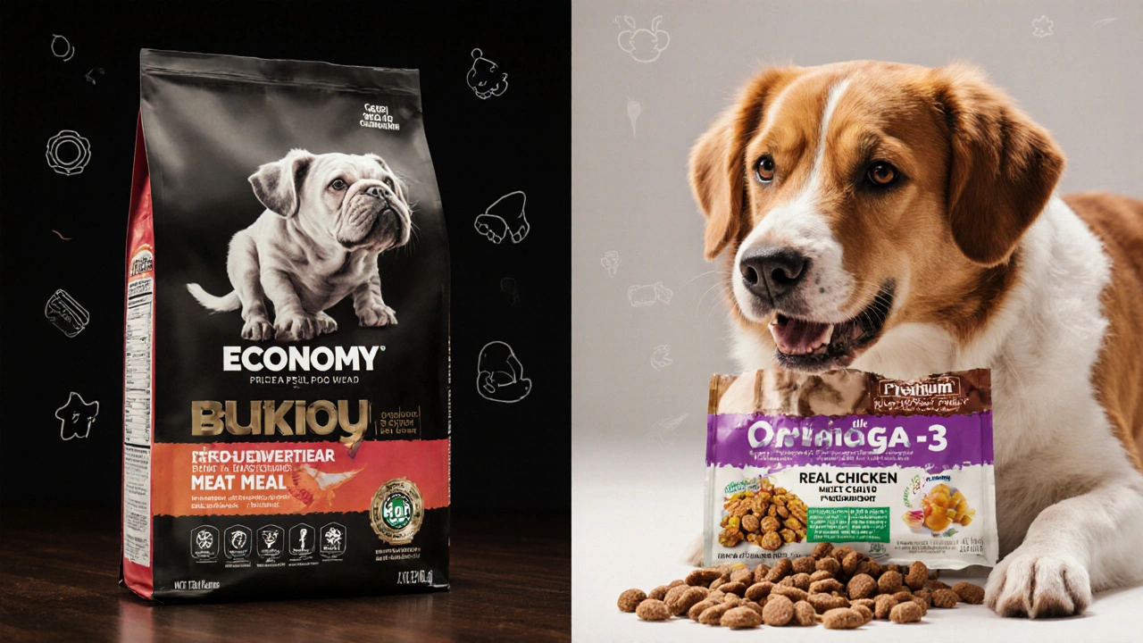Сравнение дешевого и премиум-корма для собак: один вызывает болезни, другой — здоровье.