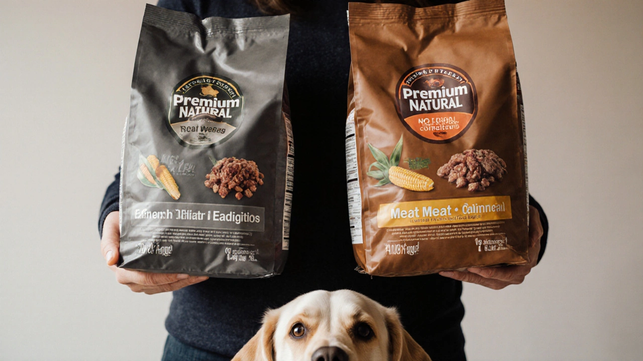 Сравнение двух пакетов корма: один с маркетинговыми надписями, другой — с реальными натуральными ингредиентами.