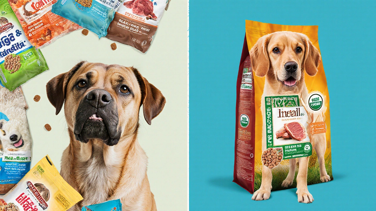 Сравнение: собака на дешевом корме с тусклой шерстью и собака на премиум-корме с блестящей шерстью.