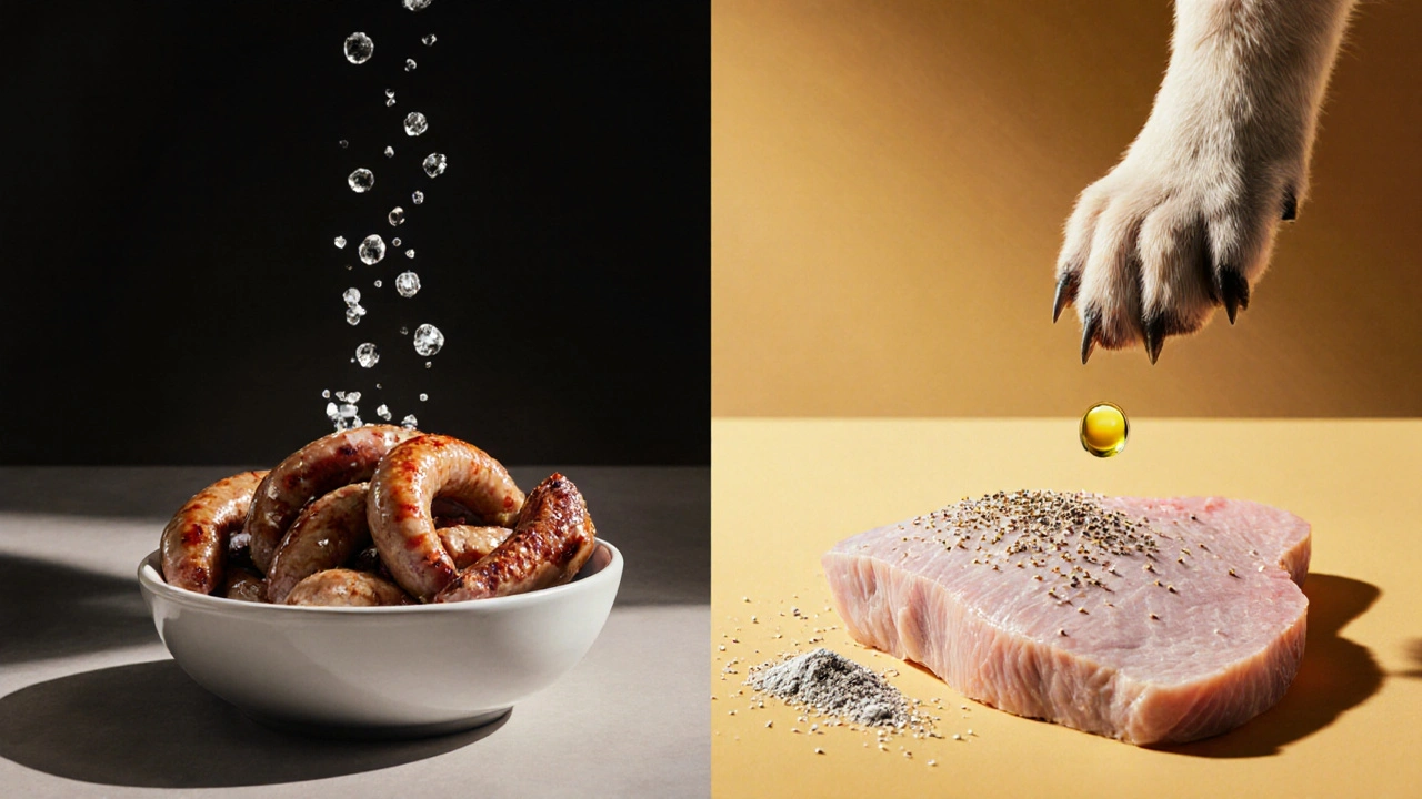 Сравнение вредной копченой свинины и полезной индейки с добавками для собаки.