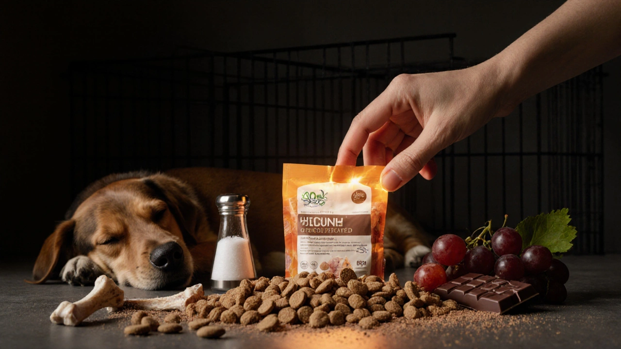 Сухой корм рядом с разбитыми вредными продуктами, лапа касается корма.