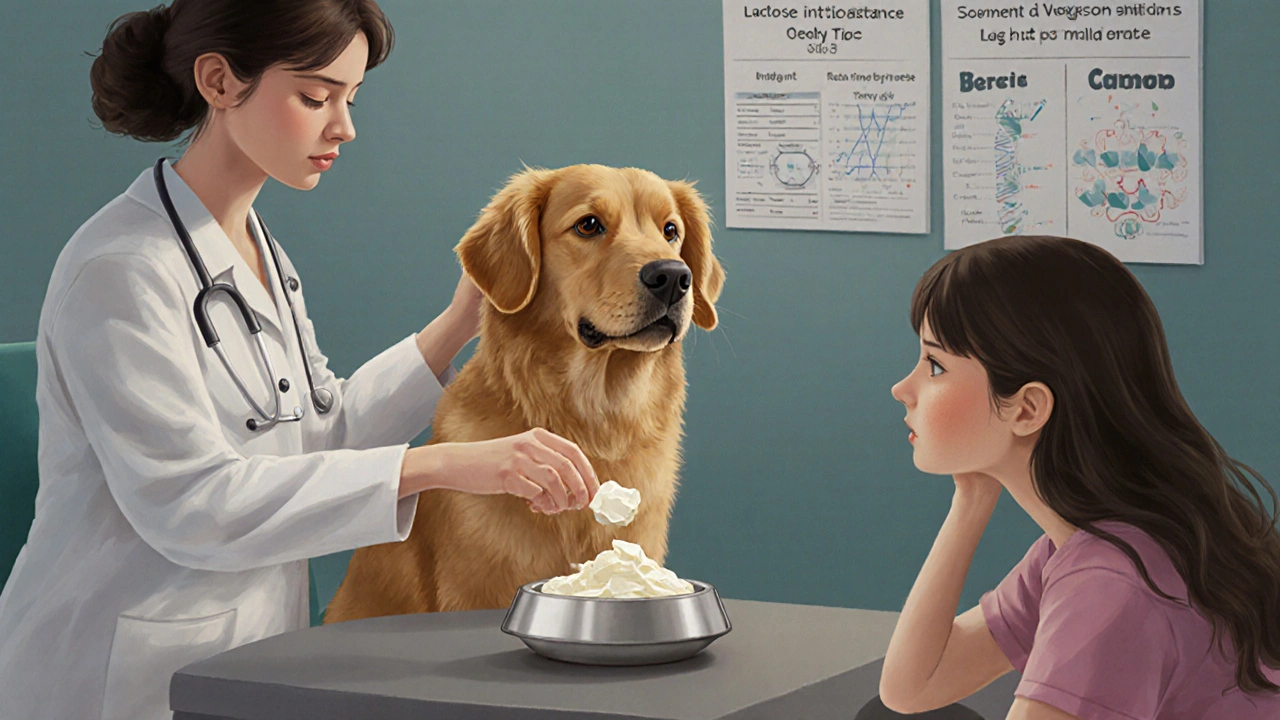 Ветеринар кладет творог в миску собаке, хозяин наблюдает.