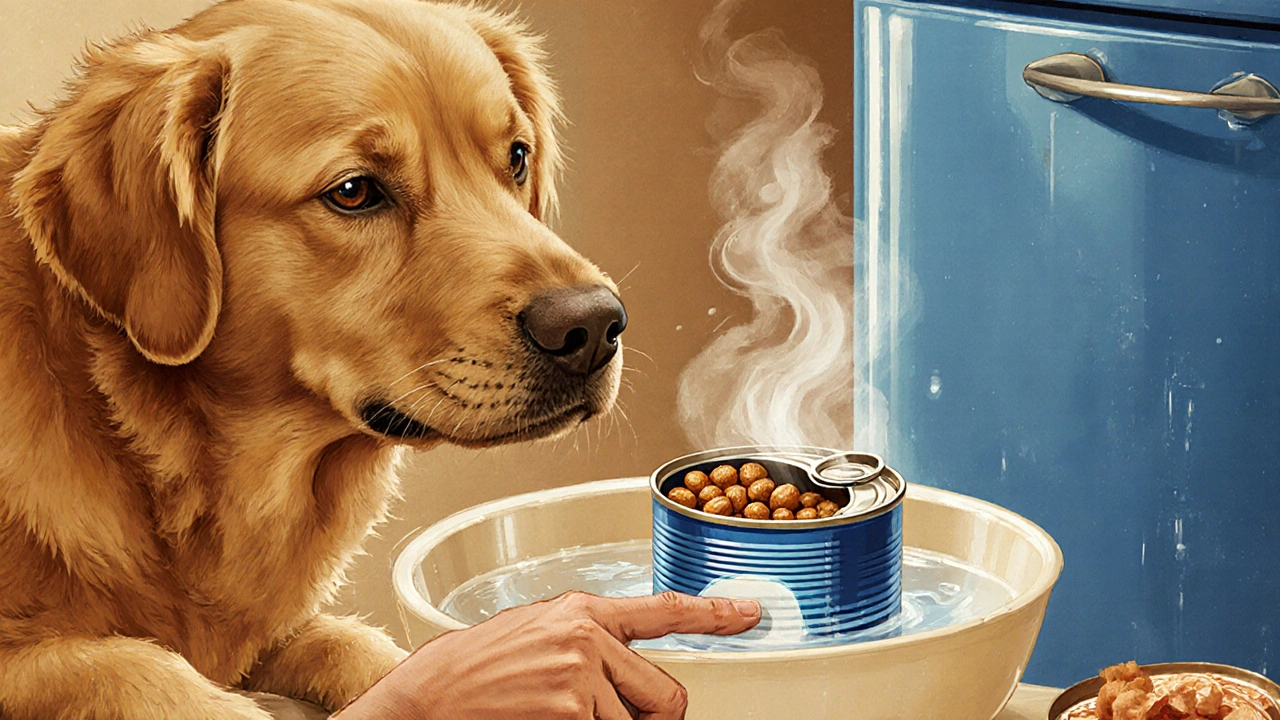 Владелец подогревает влажный корм для собаки на водяной бане, собака смотрит с интересом.