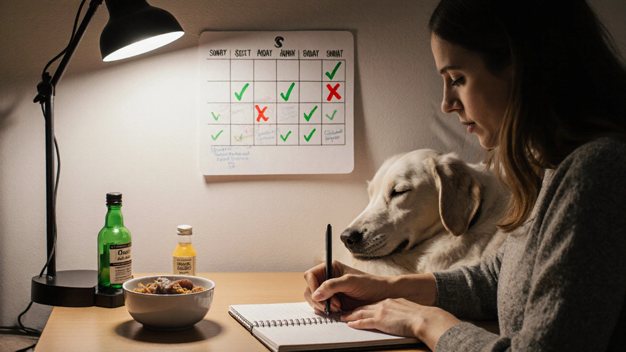 Владелец ведет дневник приступов собаки с полезными продуктами на столе.