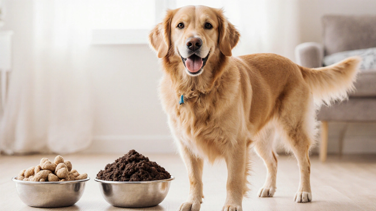 Здоровая собака рядом с плотным тёмным калом, в отличие от светлого и рыхлого на заднем плане.