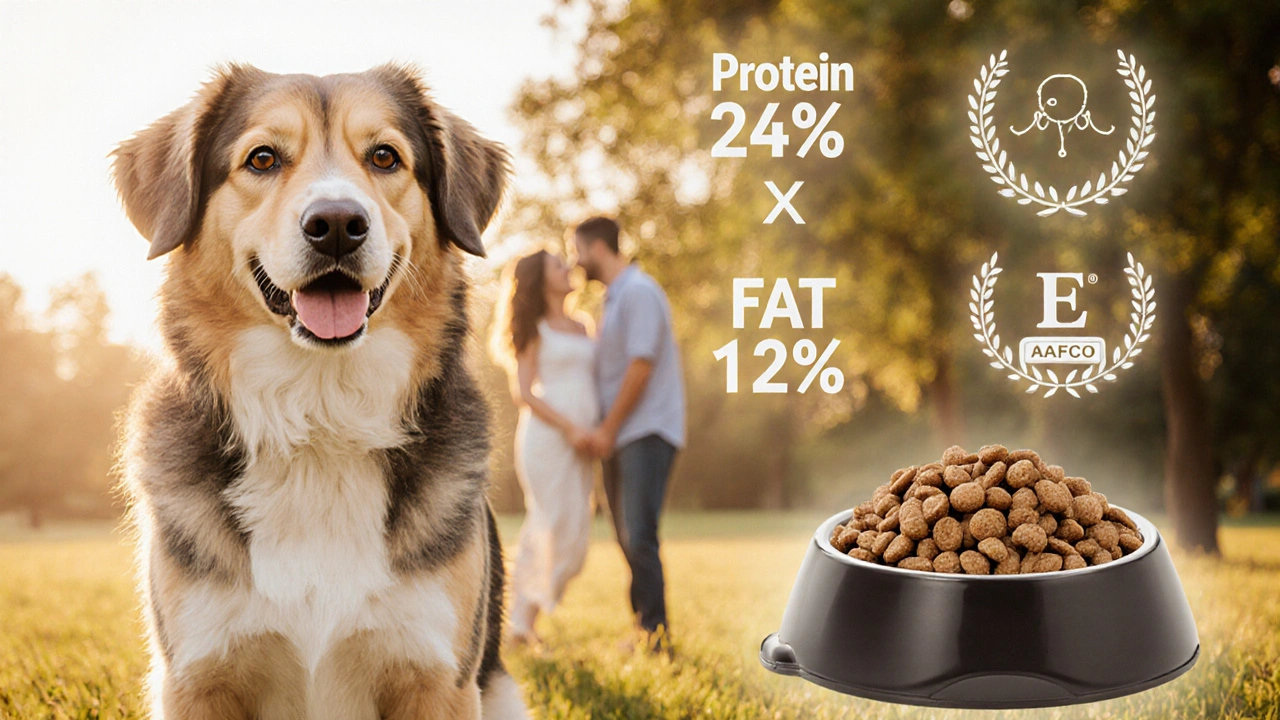 Здоровая собака с блестящей шерстью рядом с кормом и плотным калом, символизирующая хорошее питание.