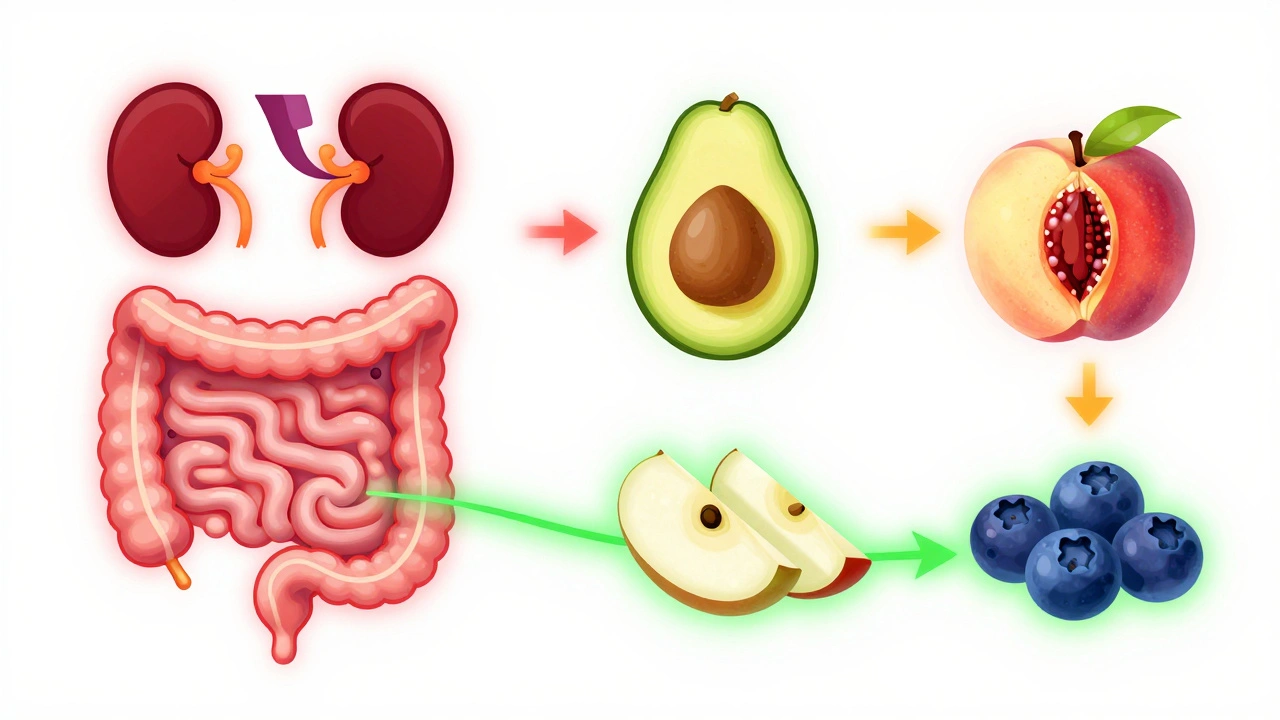 Абстрактная схема пищеварительного тракта собаки с опасными фруктами в виде красных сигналов.